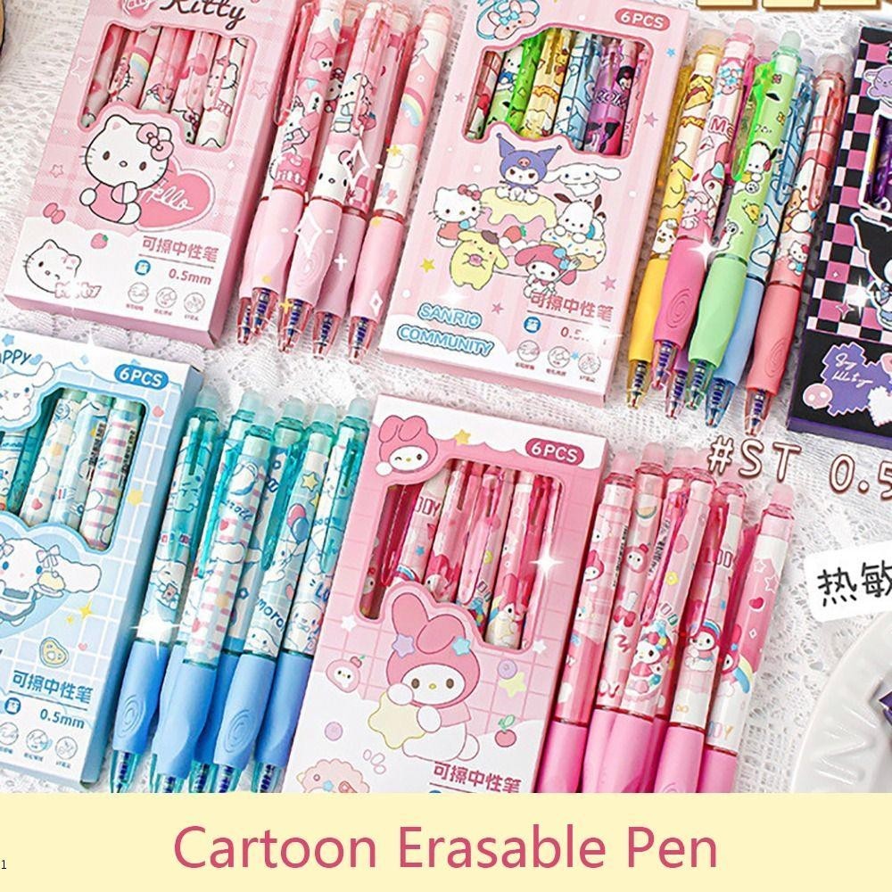 Lipupon 6 ชิ้น/เซ็ตปากกาลูกลื่น,แก้ไขปากกา Grip ท่าทาง Kuromi/Melody/Pochacco Erasable ปากกา,อเนกประสงค์แห้งเร็ว 0.5 มม.หมึกสีน้ําเงินปากกาโรงเรียนอุปกรณ์สํานักงานคาพีบาร่ากดการ์ตูน ที่สามารถลบได้คุโรมิ/เมโลยี/ดินสอ Pochacco ปากกาดินสอใน ที่เดียว