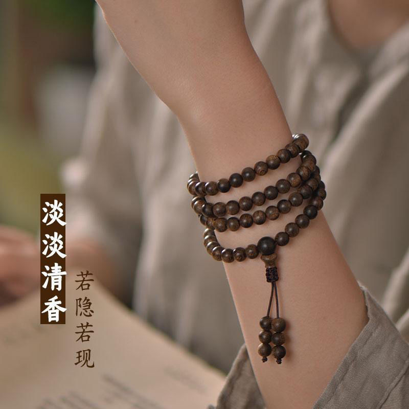 บรูไน ไม้กฤษณาปรุงรส 108 สร้อยข้อมือลูกปัดพระพุทธรูปสําหรับผู้ชายและผู้หญิงที่มีห่วงหลาย