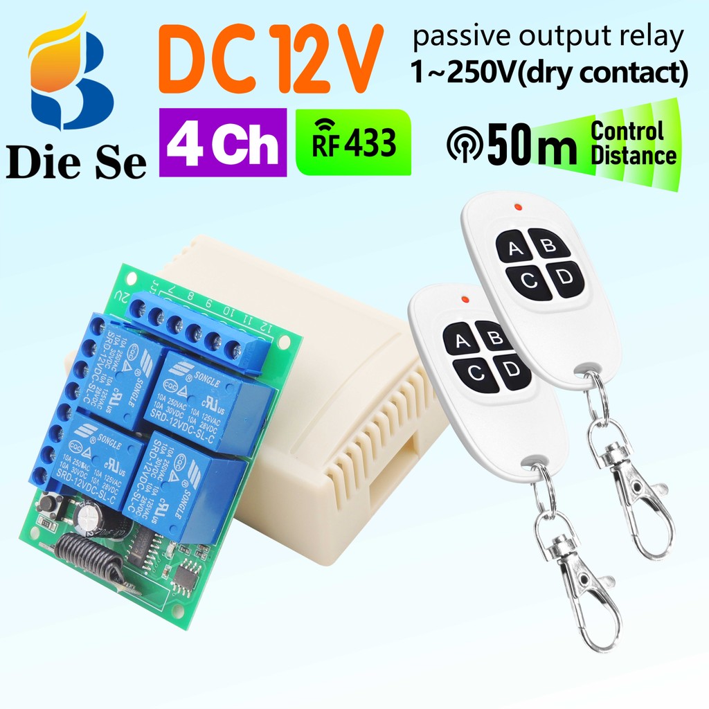 สวิตช์ควบคุมระยะไกลไร้สาย RF 4 ช่อง 433MHz รีเลย์ DC 12V 4 ทางสำหรับมอเตอร์/ประตูโรงรถ/ม่านไฟฟ้า