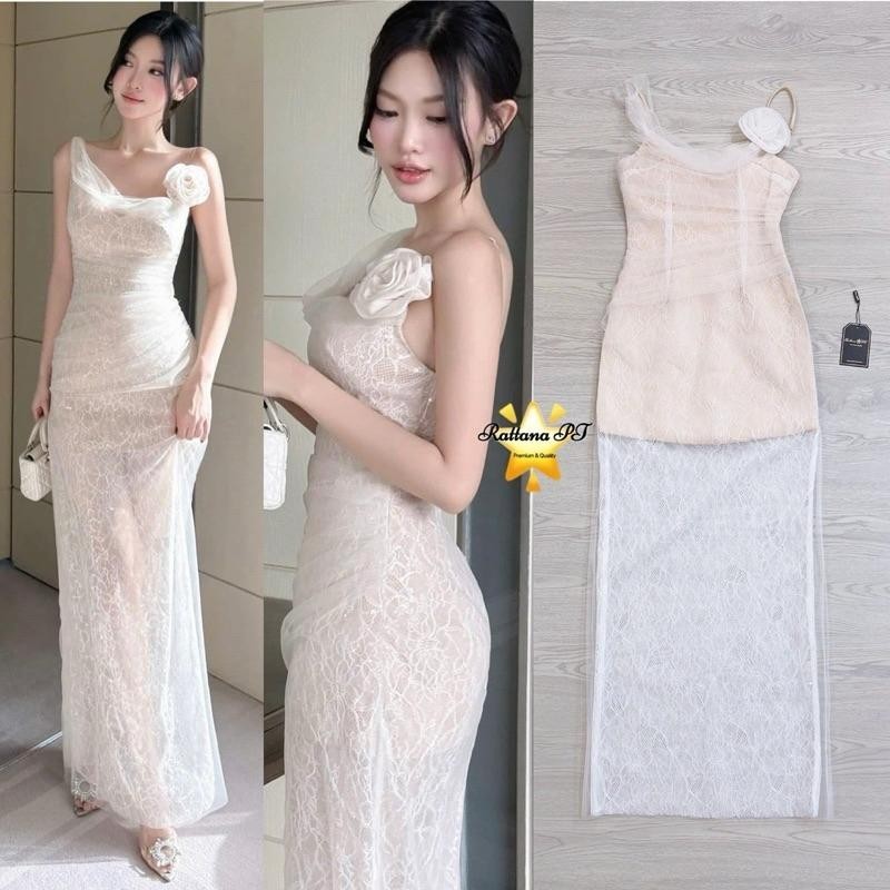 M.shop (พร้อมส่ง) Rattana109 เดรสยาวลูกไม้ทั้งชุด ทรงสวยมาก แต่งดอกไม้ที่ช่วงหัวไหล ดูดีมาก มายด์.sh