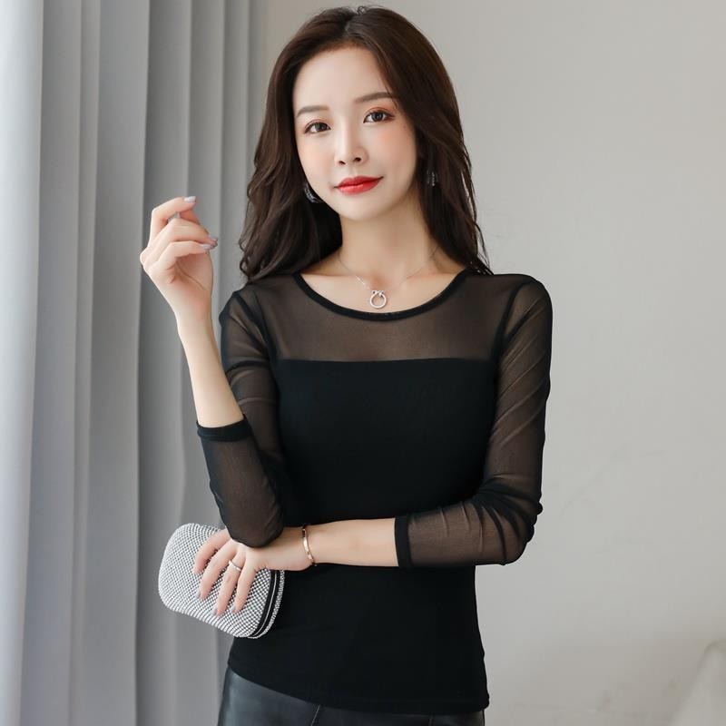 Gauze Bottoming เสื้อยืดแขนยาว 2024 ฤดูใบไม้ร่วงฤดูหนาวเวอร์ชั่นเกาหลีรอบคอ Slim-Fit เสื้อขนาดเล็กลูกไม้ด้านบน