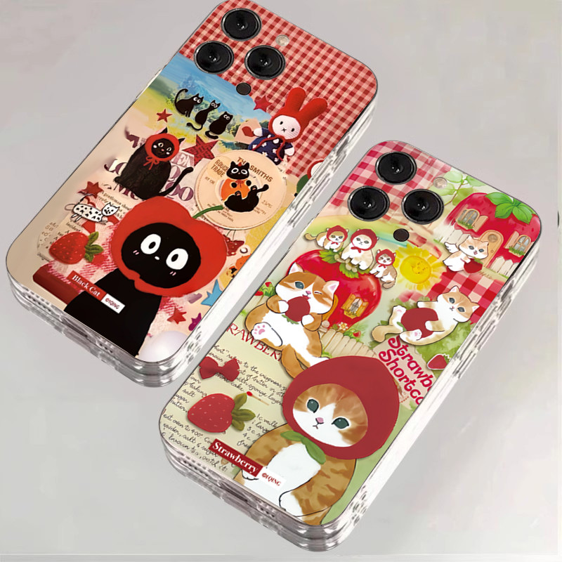 SAMSUNG การ์ตูนลูกแมวน้อยหมวกสีแดงสําหรับsamsung S25 S24 S23 Ultra S22 S21 Plus S20 S24 FEหมายเหตุ20 Ultraน่ารักอภิบาลสตรอเบอร์รี่แมวใสกันกระแทกTPUนุ่ม