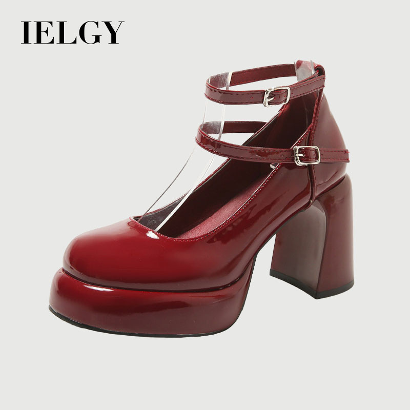 IELGY รองเท้าส้นสูงสีแดงของผู้หญิงอ่อนโยนส้นหนาแมรี่ เจน รองเท้า