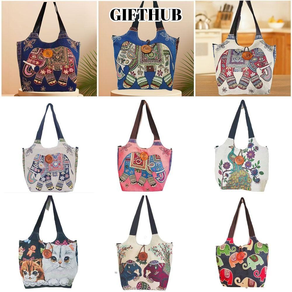 GIFTHUB กระเป๋าสะพายไหล่ผู้หญิง,ผ้าใบกระเป๋าถือสัตว์,ชาติพันธุ์เย็บปักถักร้อยความจุขนาดใหญ่ช้างถุงสิริผู้หญิง