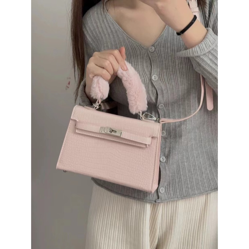 Pink Premium Portable Crocodile Kelly Shoulder Bag Mini New Style Furry Handbag Messenger Bag/uuuu