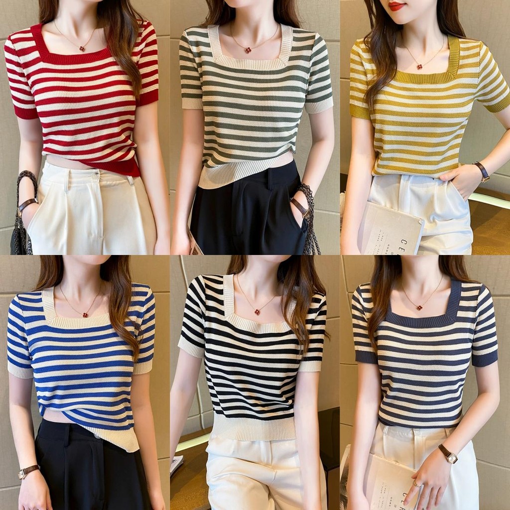 👚Anna👚 เสื้อยืดคอเหลี่ยมแขนสั้นลายทางสำหรับผู้หญิง ผ้าไหมน้ำแข็งถักฤดูร้อน เสื้อครอปเข้ารูป #D617 Women Clothing