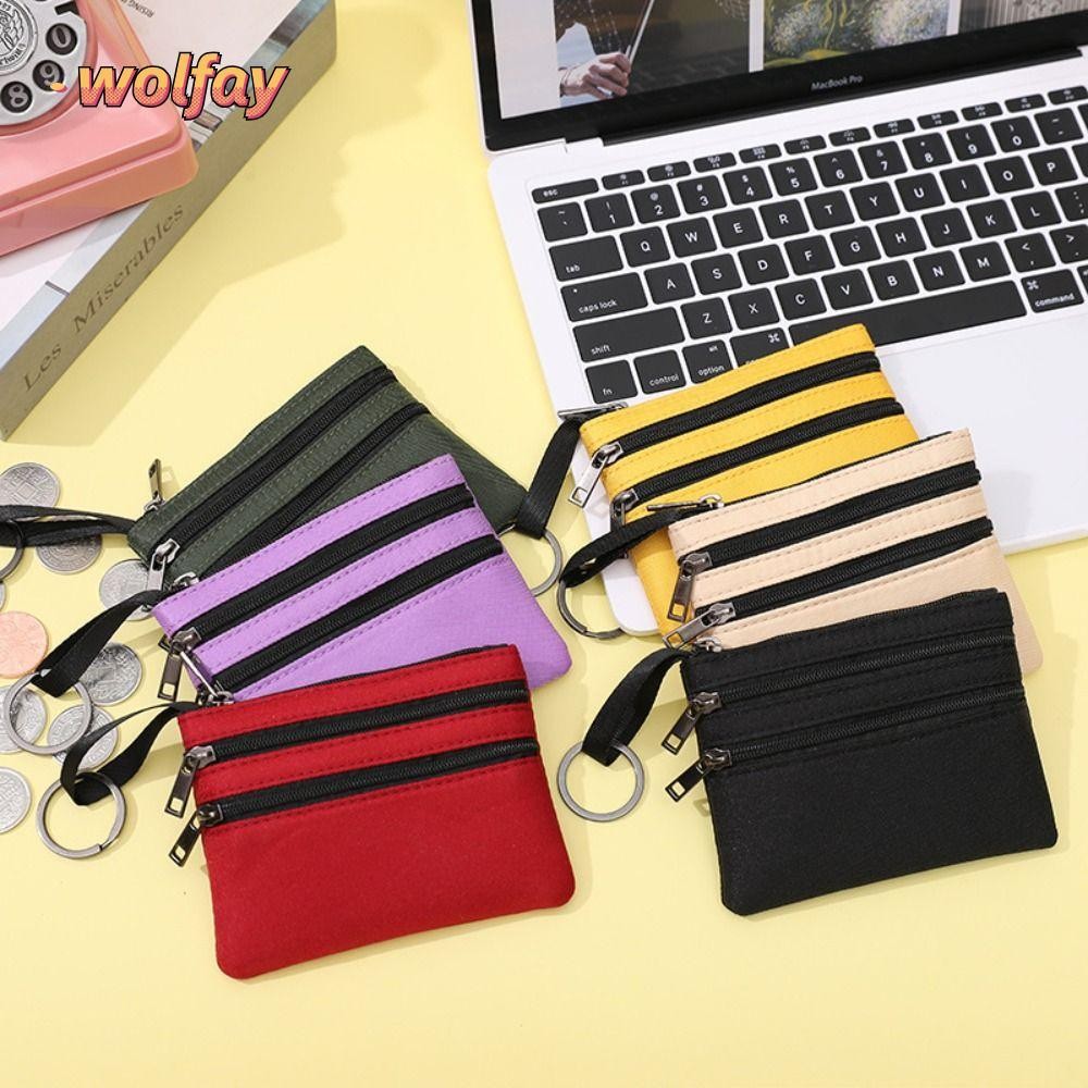 กระเป๋าใส่เหรียญ หมาป่า แคนวาส กระเป๋าสตางค์ 3 ชั้น ใส่บัตรซิปที่ทนทาน ผู้หญิง สาว