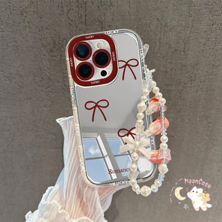 สีแดง โบว์ เคสไอโฟน12 สำหรับ IPhone 15 11 14 12 13 16 Pro Max XR X XS 8Plus 7Plus Max 13 7 8 Plus SE พื้นผิวกระจก