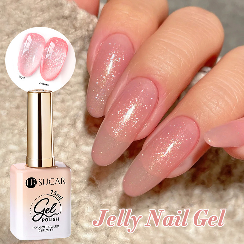 Ur SUGAR 15ml Jelly Glitter เล็บเจลสีชมพูกึ่งถาวรเล็บแต่งเล็บ Soak Off LED UV เจลวานิช