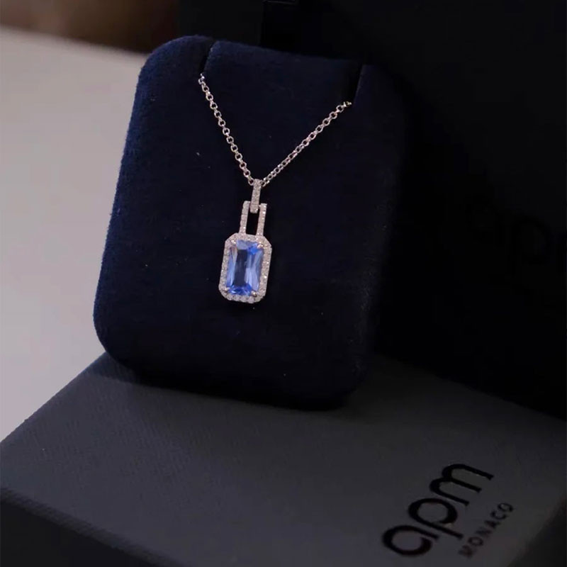 APM Monaco สร้อยคอจี้อัญมณีสีฟ้าสี่เหลี่ยมเล็ก 925 เงินทุกวันโซ่เสื้อกันหนาวผู้หญิง
