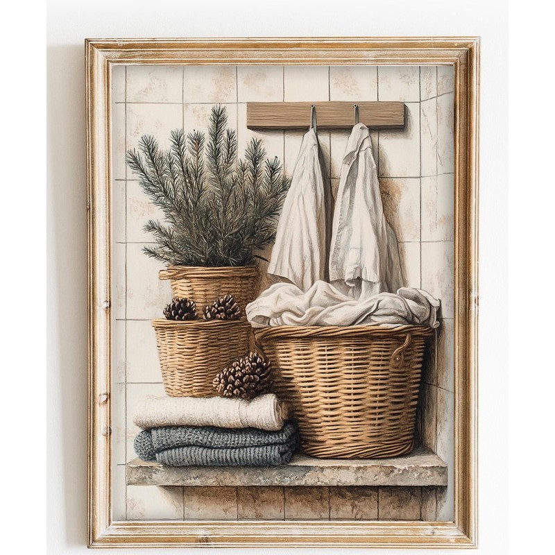 ตะกร้าซักผ้า Art Laundry Room Decor ตะกร้าซักผ้าพิมพ์ผ้าใบ Vintage Farmhouse โปสเตอร์ Country Rustic Cottagecore Decor