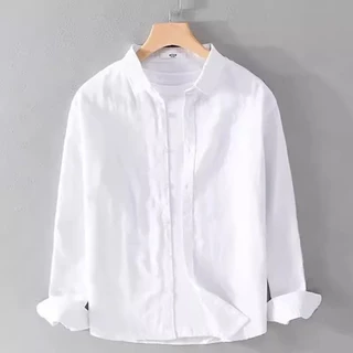 M-3XL เสื้อเชิ้ตผู้ชาย ผ้าฝ้าย และผ้าลินิน สีขาว แฟชั่นฤดูร้อน เสื้อผู้ชาย