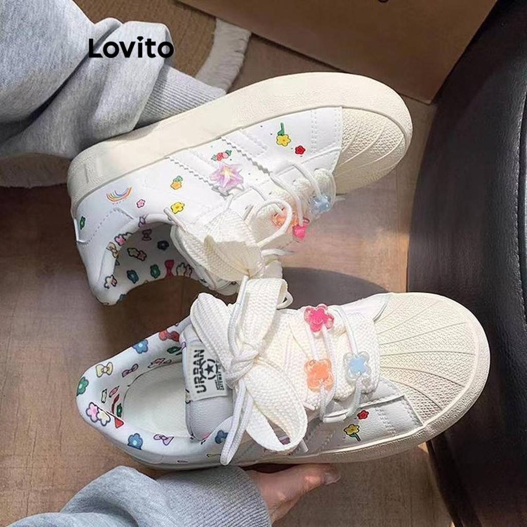 Lovito รองเท้าผ้าใบผู้หญิง สีเรียบ สไตล์ลำลอง LFA42458