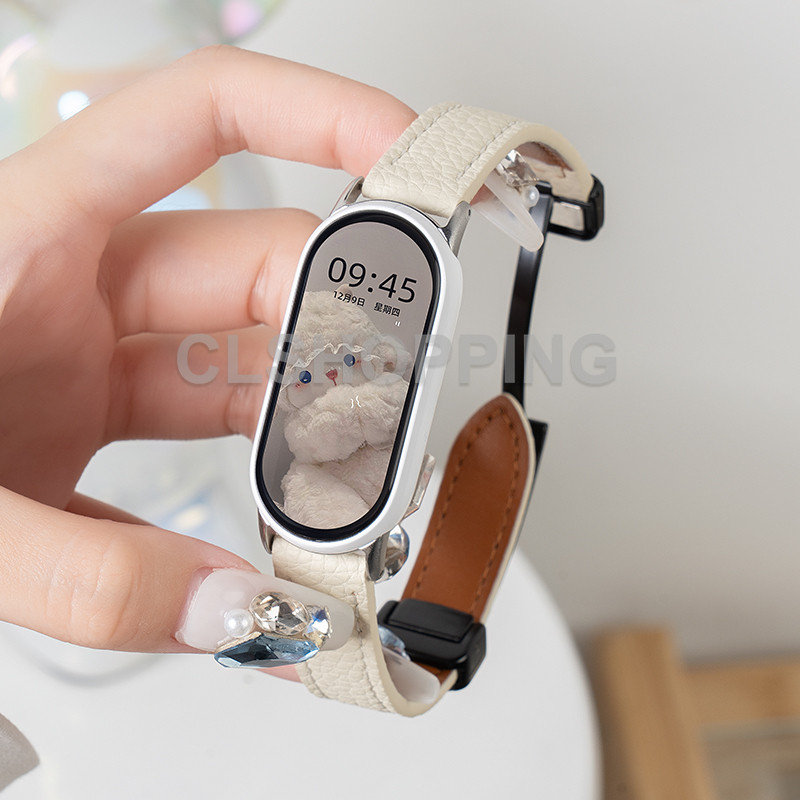 สายหนังแท้สําหรับ Xiaomi Smart Band 10 9 8 NFC 9pro 8 pro หัวเข็มขัดแม่เหล็กลิ้นจี่รูปแบบสร้อยข้อมือสําหรับ mi Band 7 6 5 4 3 Redmi สมาร์ทนาฬิกา 5 4 5 active 22 มม.S4 S3 S2