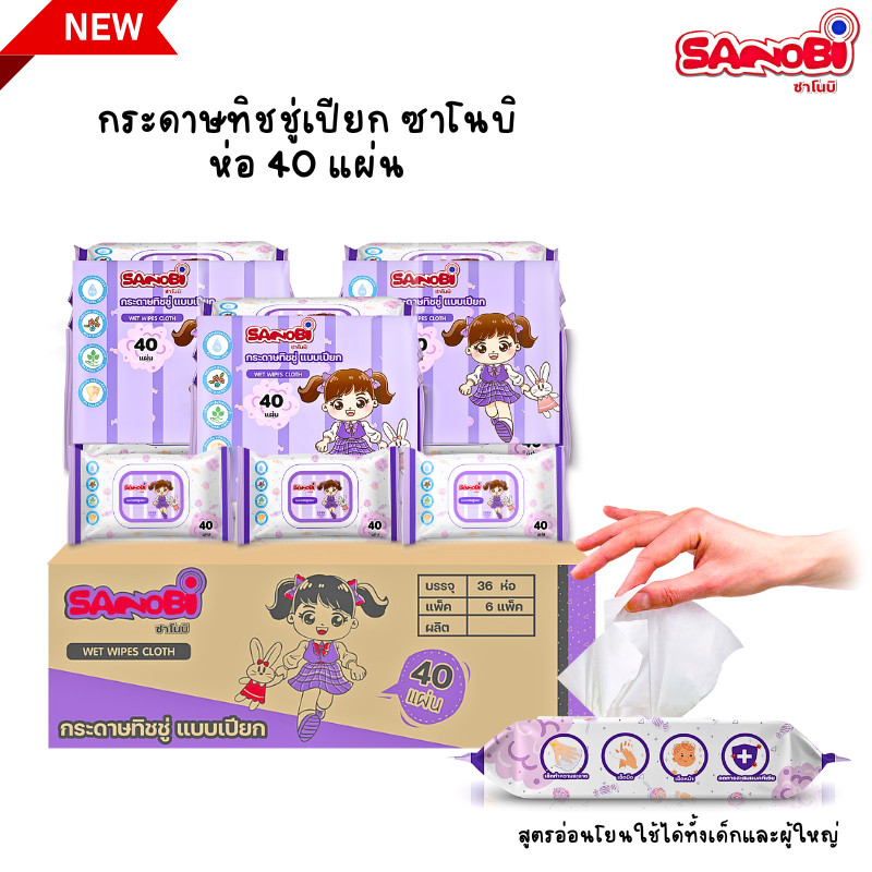 ทิชชู่เปียกซาโนบิ รุ่น40แผ่น กระดาษทิชชู่เปียก 1ลัง36ห่อ ฝาล๊อค2ชั้นไม่มีแอลกอออล์ล กลิ่นหอมผ่อนคลาย