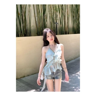 Hot 'พร้อมส่ง' เสื้อสายเดี่ยวขอบบัวใบไม่สม่ำเสมอสีฟ้าแขนกุดเปิดกลับท็อปส์ FY3038