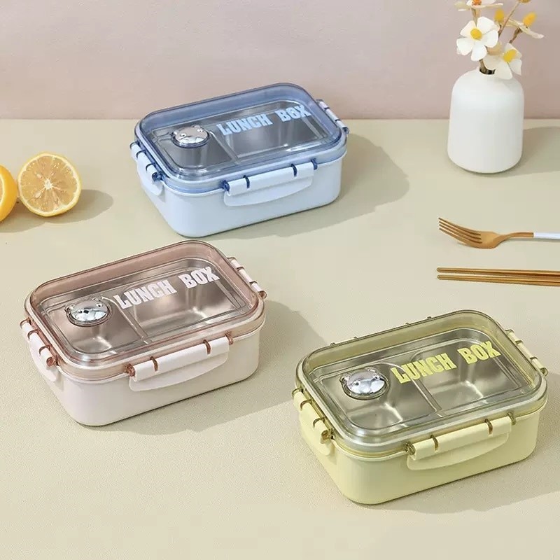 น่ารัก304สแตนเลสกล่องข้าว ความจุขนาดใหญ่2ช่อง วัสดุแตนเลสสําหรับเด็กนักเรียน พนักนักงาน กล่องข้าวแบบสองช่องแยกกับข้าวได้