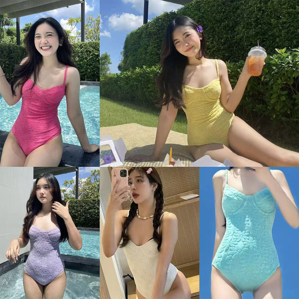 ชุดว่ายน้ำเกาหลีสไตล์ใหม่ ดีไซน์เรียบหรู มีดอกไม้ตกแต่ง
