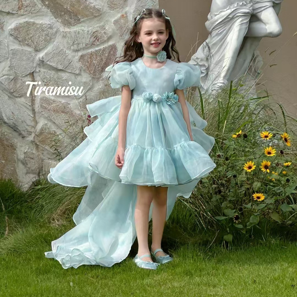 ชุดเจ้าหญิงสาวเด็ก ฤดูร้อน แขนพัฟ สีฟ้า หวานน่ารัก สําหรับงานวันเกิด