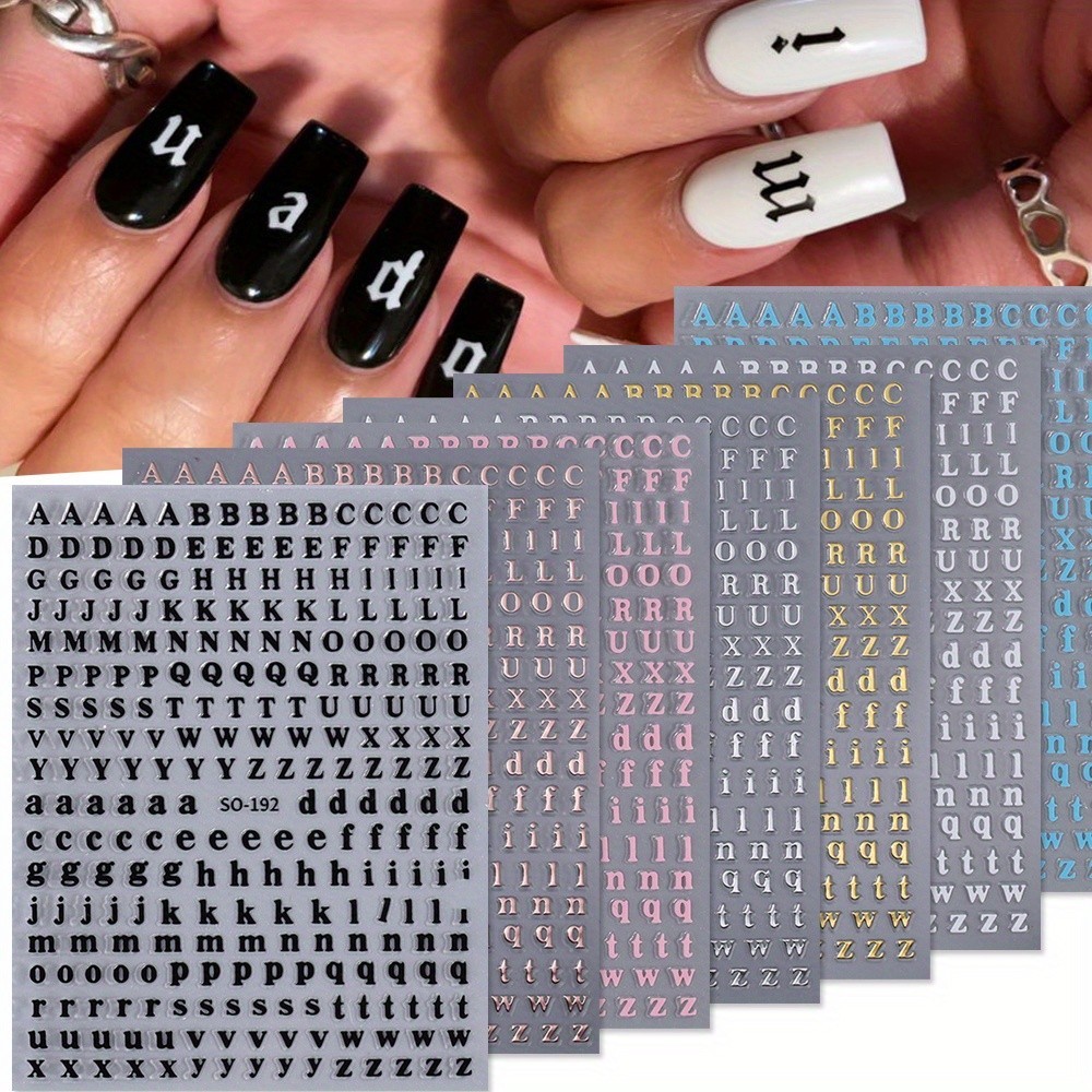 7 แผ่น Letter Graphic Nail Art สติกเกอร์ผสมสีดําและสีขาวตัวอักษรภาษาอังกฤษ Self-Adhesive Decals ตกแต่งเล็บเล็บ