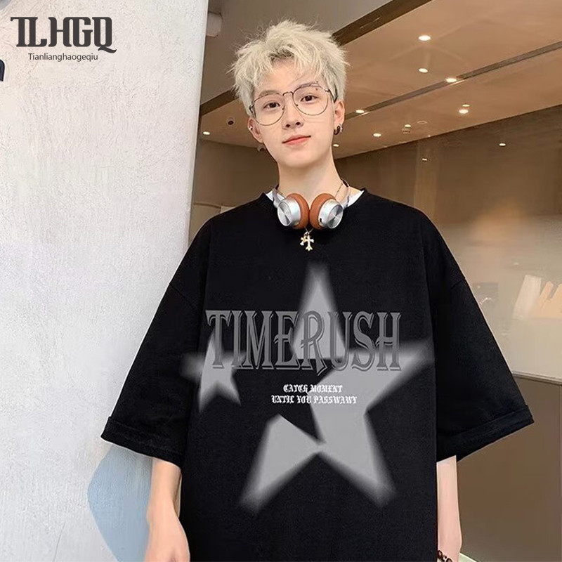 เสื้อแขนสั้น หนังกลับ ปักลาย ทรงหลวม สไตล์อเมริกัน สําหรับผู้ชาย