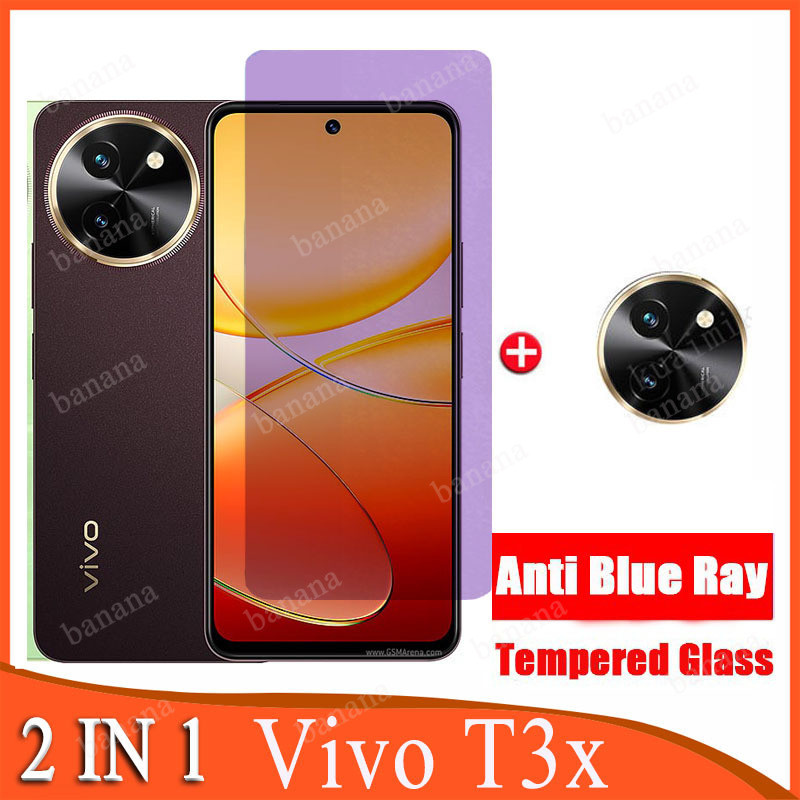 Vivo T3x กระจกนิรภัยกันรอยหน้าจอ สําหรับ Vivo T1 T1x Y03 Y02T Y02s Y17s Y27s Y22s Y33s Y16 Y27 ป้องกันแสงสีฟ้า ฟิล์มกระจกเต็มจอ + ตัวป้องกันเลนส์กล้อง