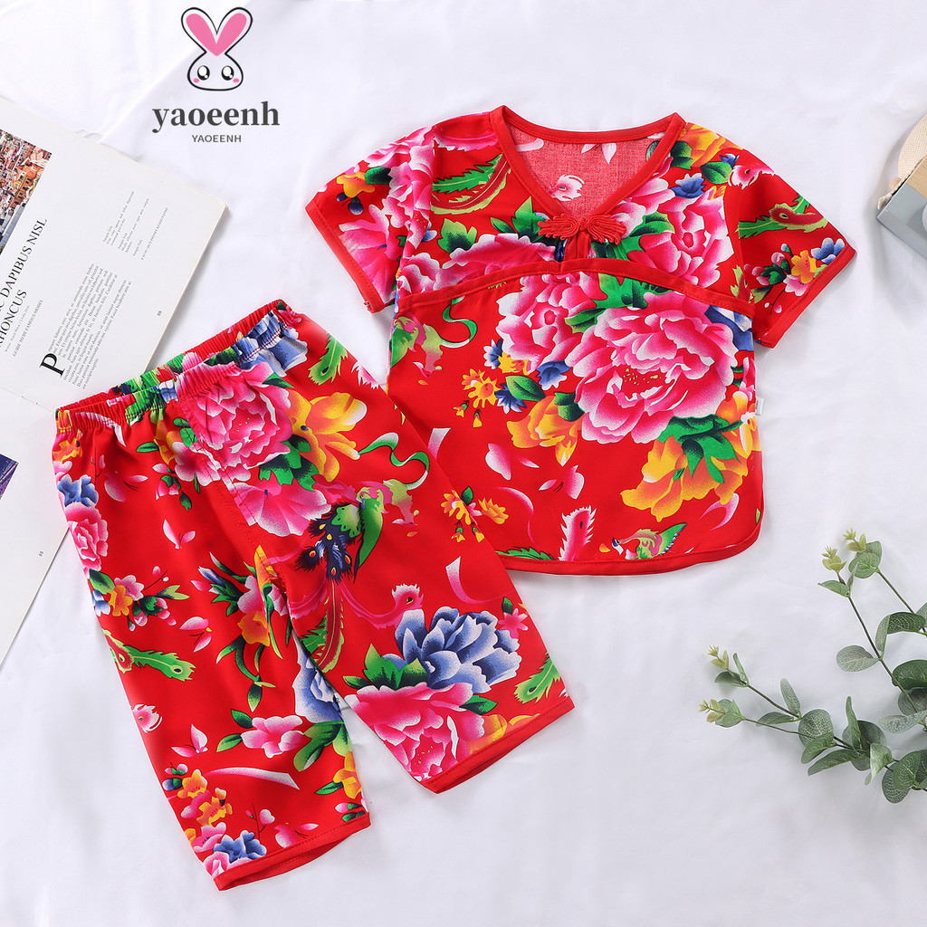 【YAOEENH】พร้อมส่ง ชุดนอน เสื้อครอป แขนสั้น กางเกงขายาว ผ้าฝ้าย ลายดอกไม้ ขนาดใหญ่ 80-140 ซม. สําหรับเด็กผู้หญิง
