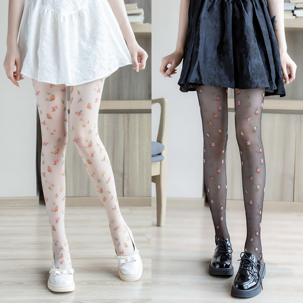 Lolita ดอกไม้ Pantyhose Tights ลูกไม้เซ็กซี่ตาข่าย Fishnet Pantyhose ฤดูร้อนไนลอนดอกไม้พิมพ์แน่น Stocking หญิง Hosiery