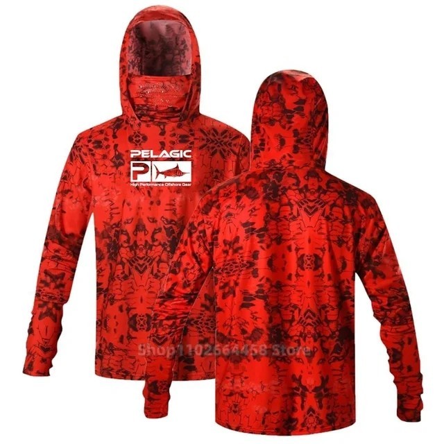 ตกปลา Hoodie เสื ้ อแขนยาว Face Cover เสื ้ อผ ้ าตกปลาผู ้ ชาย UV Protection Breathable Angling เสื ้ อยืด
