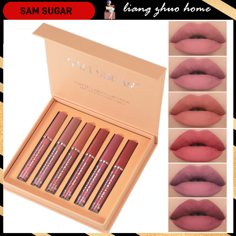Sam SUGAR 6pcs/set แต ่ งหน ้ าลิปสติก Liquid Velvet Matte Gloss Lip ลิปสติกสีแดง Nude ผู ้ หญิงยาวนานกันน ้ ําความงามชุดเครื ่ องสําอาง