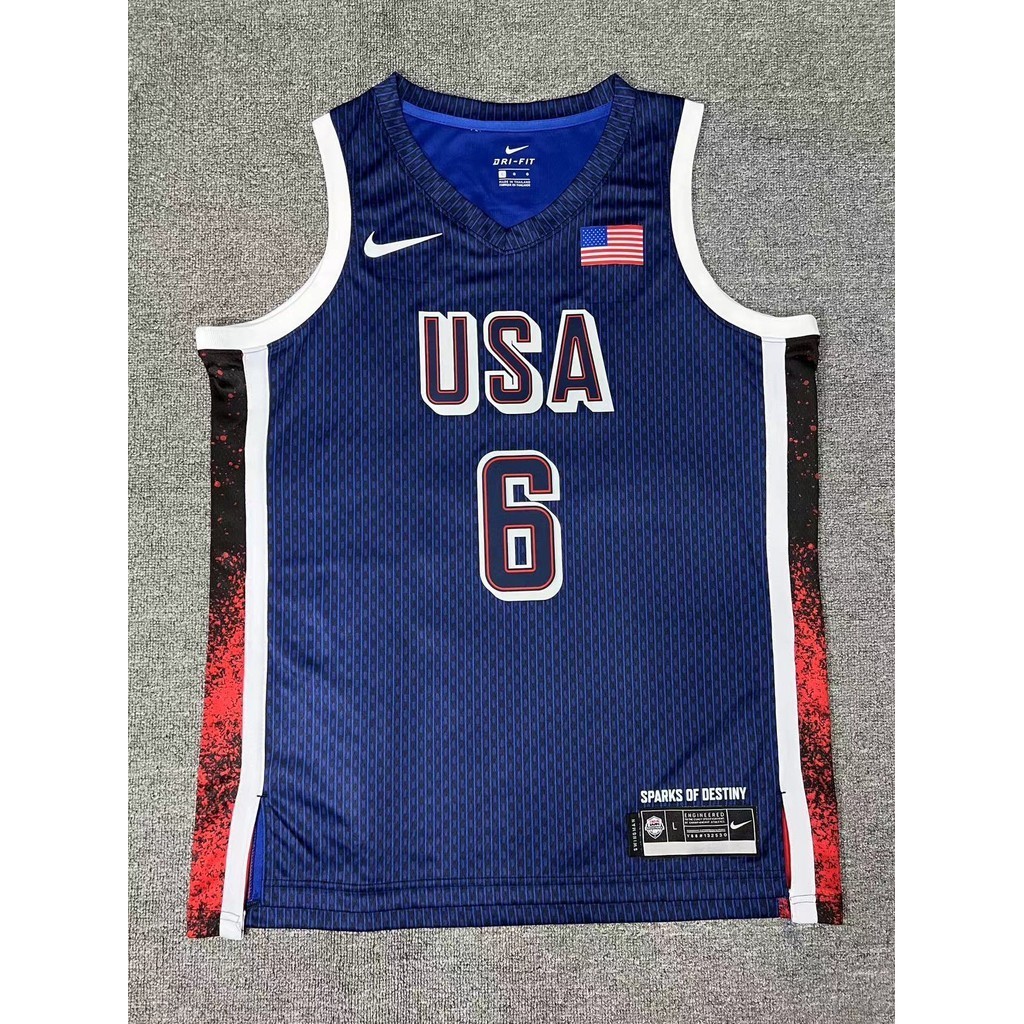 เสื ้ อเชิ ้ ตผู ้ ชาย No.6 2024 USA Basketball Jersey สีน ้ ําเงิน #4 เสื ้ อนักกีฬา