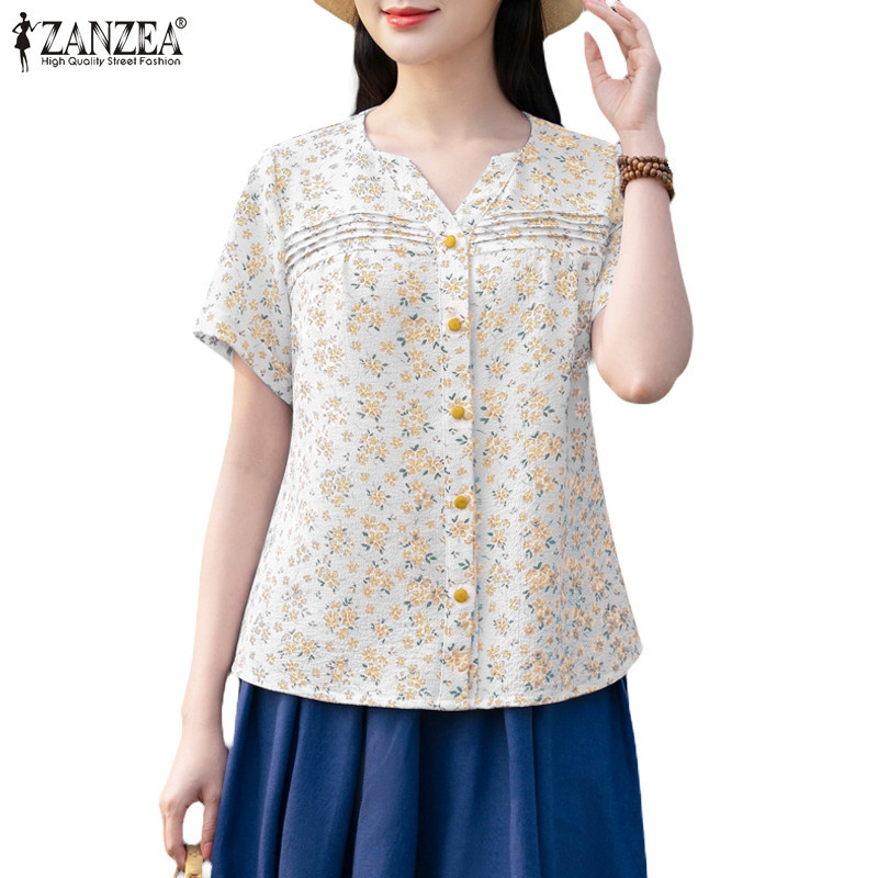 Zanzea ผู ้ หญิงเกาหลีลําลองคอวีแขนสั ้ นลายปุ ่ มพิมพ ์ เสื ้ อ