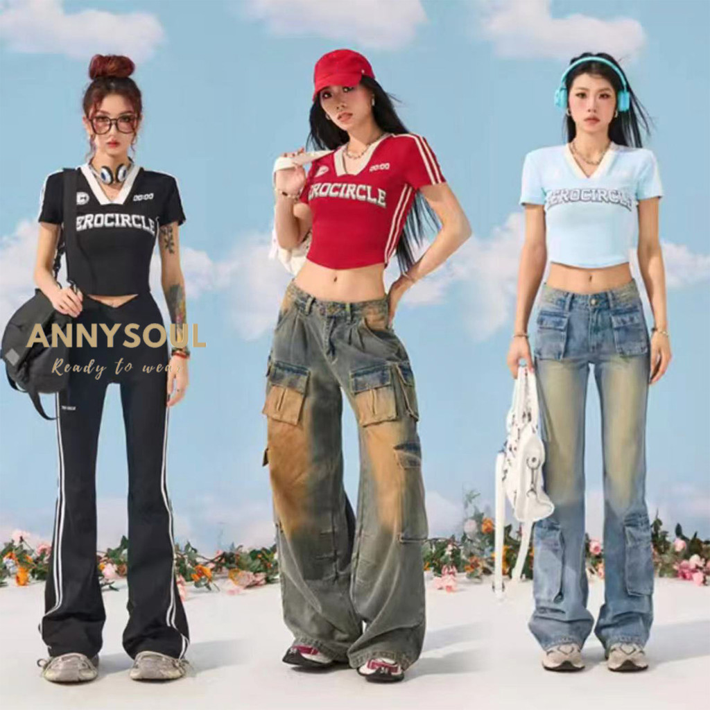 เสื้อยืดครอปแขนสั้น พิมพ์ลายสไตล์สาวอเมริกัน สุดเท่ทำให้รูปร่างดูเรียวเซ็กซี่