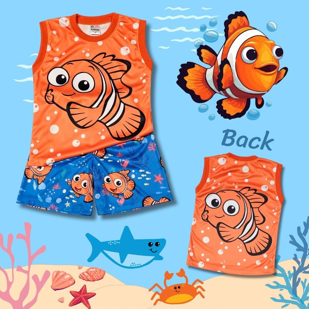 SEA0880#3 ชุดเด็ก เสื้อกล้าม+กางเกงขาสั้น ผ้าไมโครเกรดA ลายปลาการ์ตูน เสื้อผ้าเด็ก ชุดเด็กแฟชั่น ชุดเด็กลายการ์ตูน