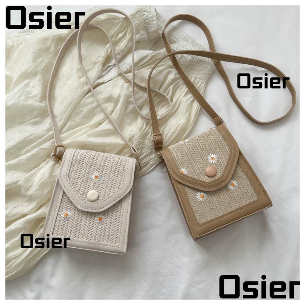 Osier1 Straw Plaited Phone Bag, Little Daisy Straw Embroidery Bag, Dacron Shoulder Crossbody Bag