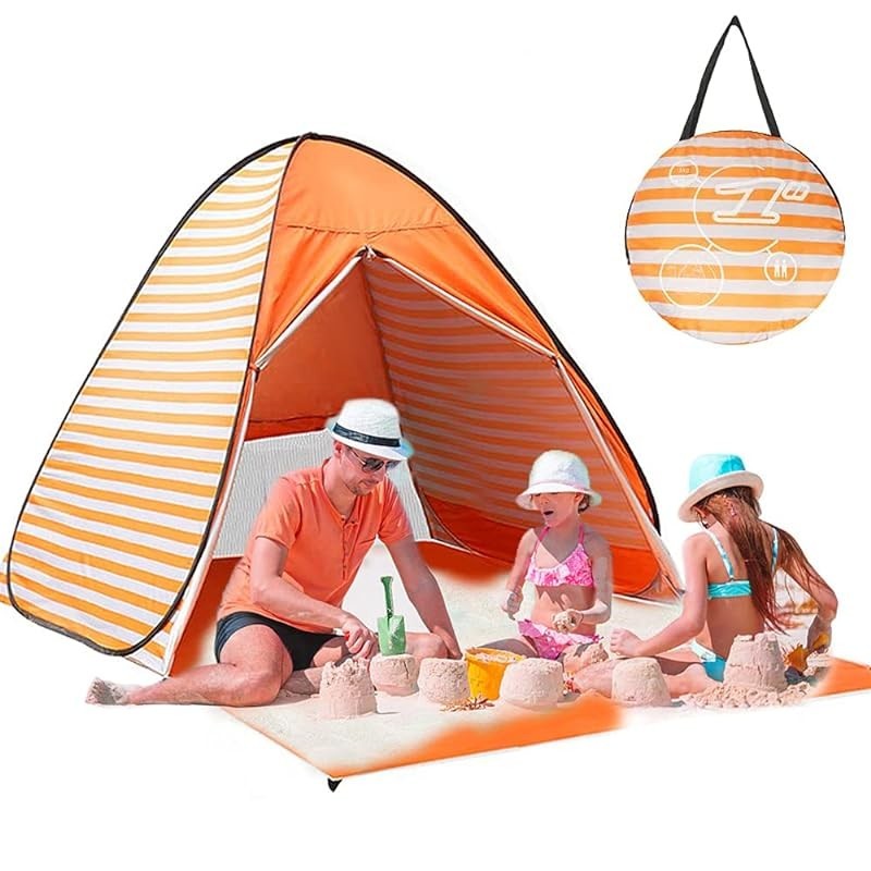 Pop-up tent, one-touch tent, simple tent, one-touch, 1 person sunshade tent, 2-3 person lightweight indoor tent, athletic tent, breathable outdoor beach tent, single-pole tent, UV-cut disaster prevention camping equipment (blue stripe)