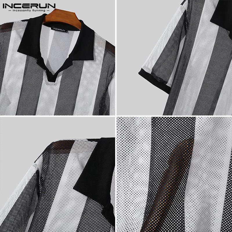 Incerun ผู ้ ชายแฟชั ่ นเกาหลี Hollow Stripe Turn Down Collar เสื ้ อโปโลแขนสั ้ น