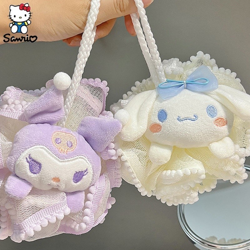 อะนิเมะ Sanrio Bath Ball Kuromi My Melody Cinnamoroll ดอกไม้อาบน้ําตาข่ายฟองน้ําฟองน้ําอาบน้ําผิวทําความสะอาดเครื่องมือ