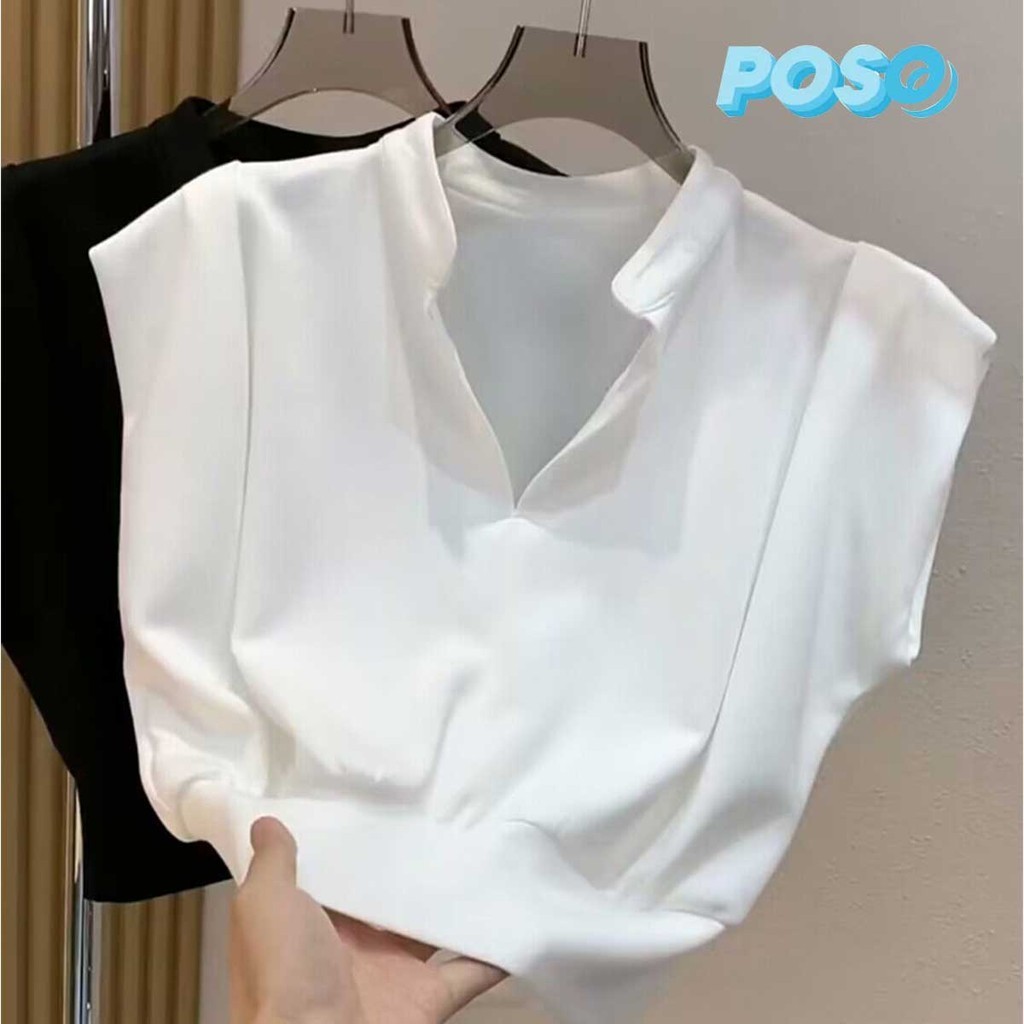 ใหม่ เสื้อครอปแขนสั้น คอวีจั๊มเอว สีพื้นลุคเรียบง่ายแบบทันสมัย