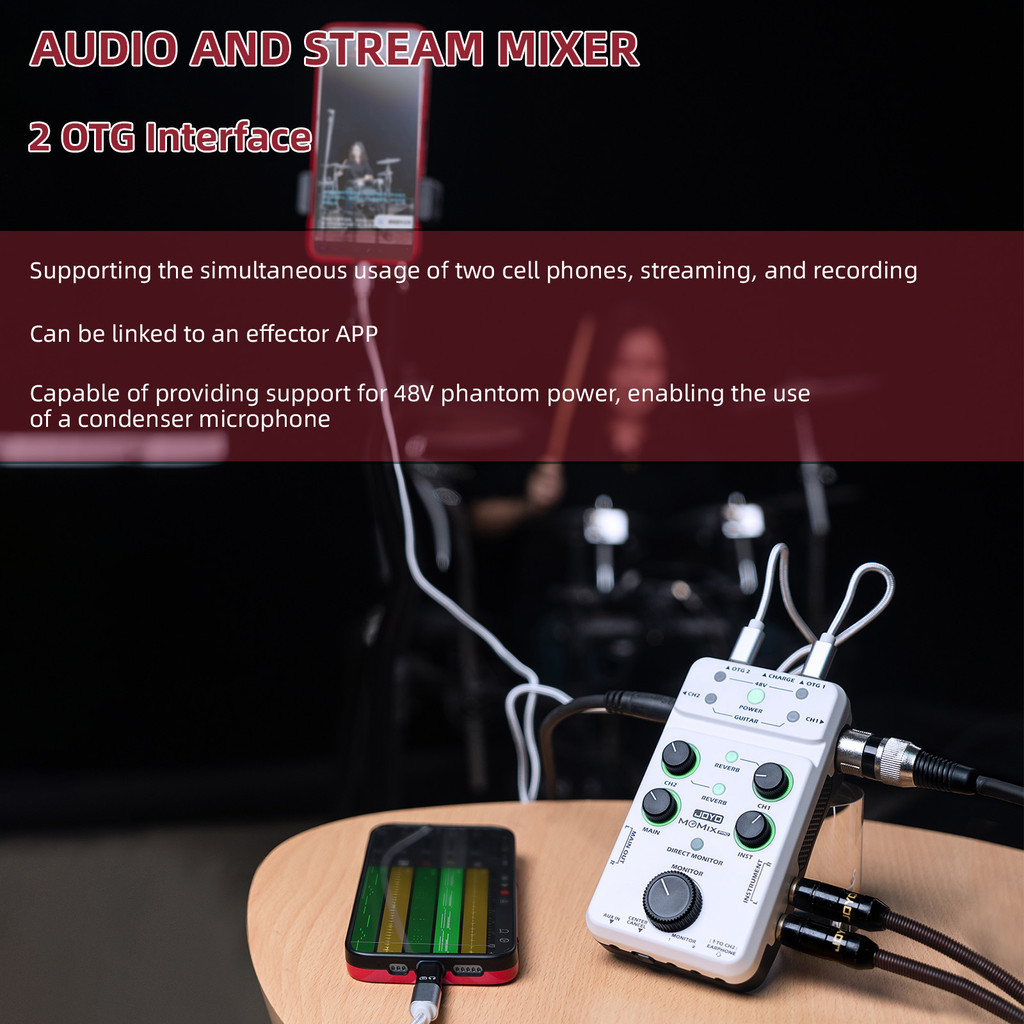 Original JOYO MOMIX PRO Audio Mixer โทรศัพท์ Type-C ขับเคลื่อนอินเทอร์เฟซเสียง USB สเตอริโอ XLR 48V Phantom Power Mixer สําหรับสตรีมมิ่งการบันทึก Podcasting ไมโครโฟน / คีย์บอร์ด