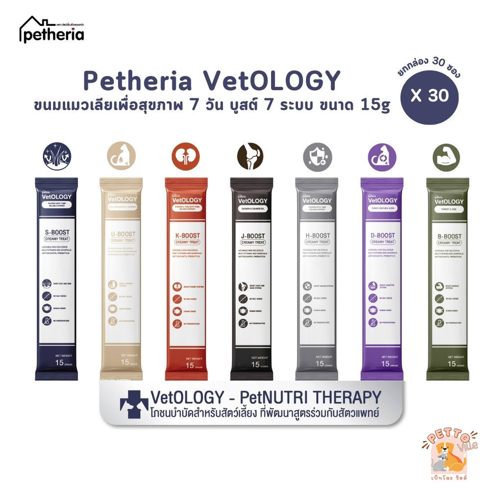 Petheria Vetology [ยกกล่อง 30 ซอง] ขนมแมวเลียเพื่อสุขภาพ 7 วัน บูสต์ 7 ระบบ ขนาด 15g