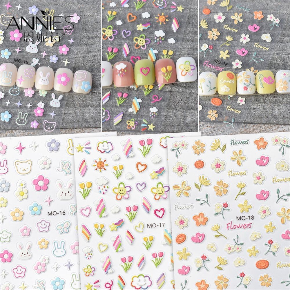 สติ ๊ กเกอร ์ ติดเล ็ บ 5d นูนการ ์ ตูนดอกไม ้ Series Reliefs กาว Decals ดอกไม ้ รูปแบบสีขาวกระต ่ ายและเมฆเล ็ บหัตถกรรมเครื ่ องประดับ DIY Self-กาวเล ็ บตกแต ่ ง