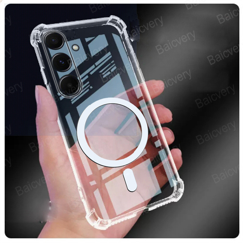 เคสซิลิโคนใสหรูหรากันกระแทกสําหรับ Samsung Galaxy S23 FE S23 Ultra Plus S24 Plus Casing พร้อมการชาร์จแม่เหล็กไร้สาย