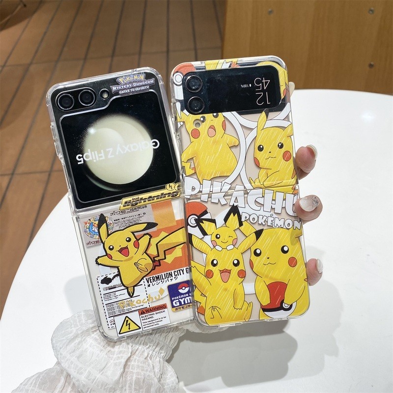 รองรับไร้สายชาร์จ Pokemon Pikachu Magnetic Clear Hard Case สําหรับ Samsung Galaxy Z Flip 6 5 4 3 Flip5 Flip4 Flip3 5G กันกระแทกฝาครอบโทรศัพท์ปลอก