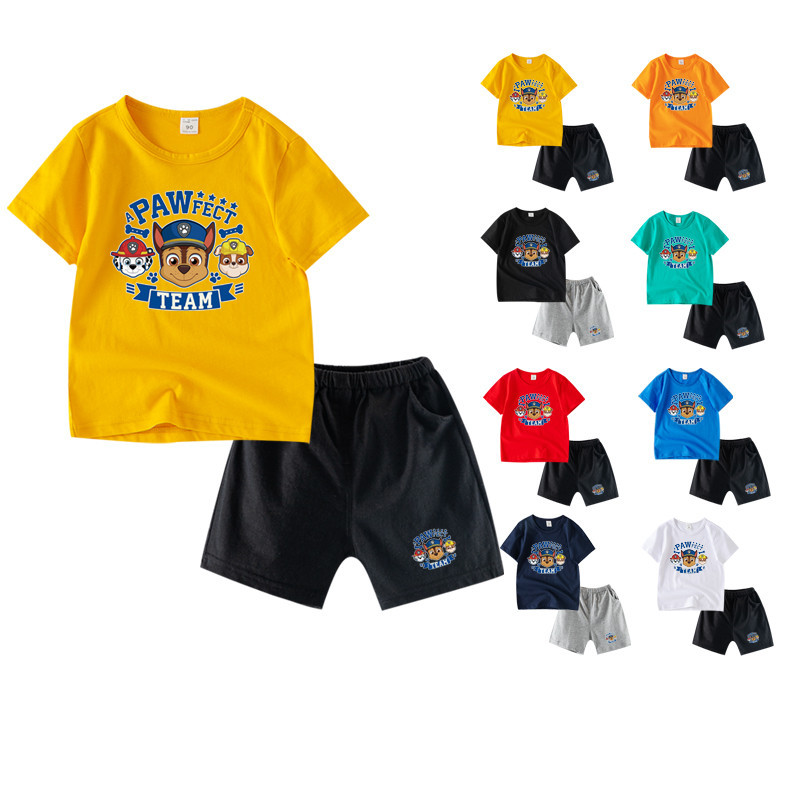 เสื้อผ้าเด็กชุดเซ็ต 2 ชิ้น แขนสั้นเสื้อยืด + กางเกงขาสั้นชุด Paw Patrol การ์ตูนผ้าฝ้าย 100% ชุดเสื้อผ้าสำหรับชาย NS015