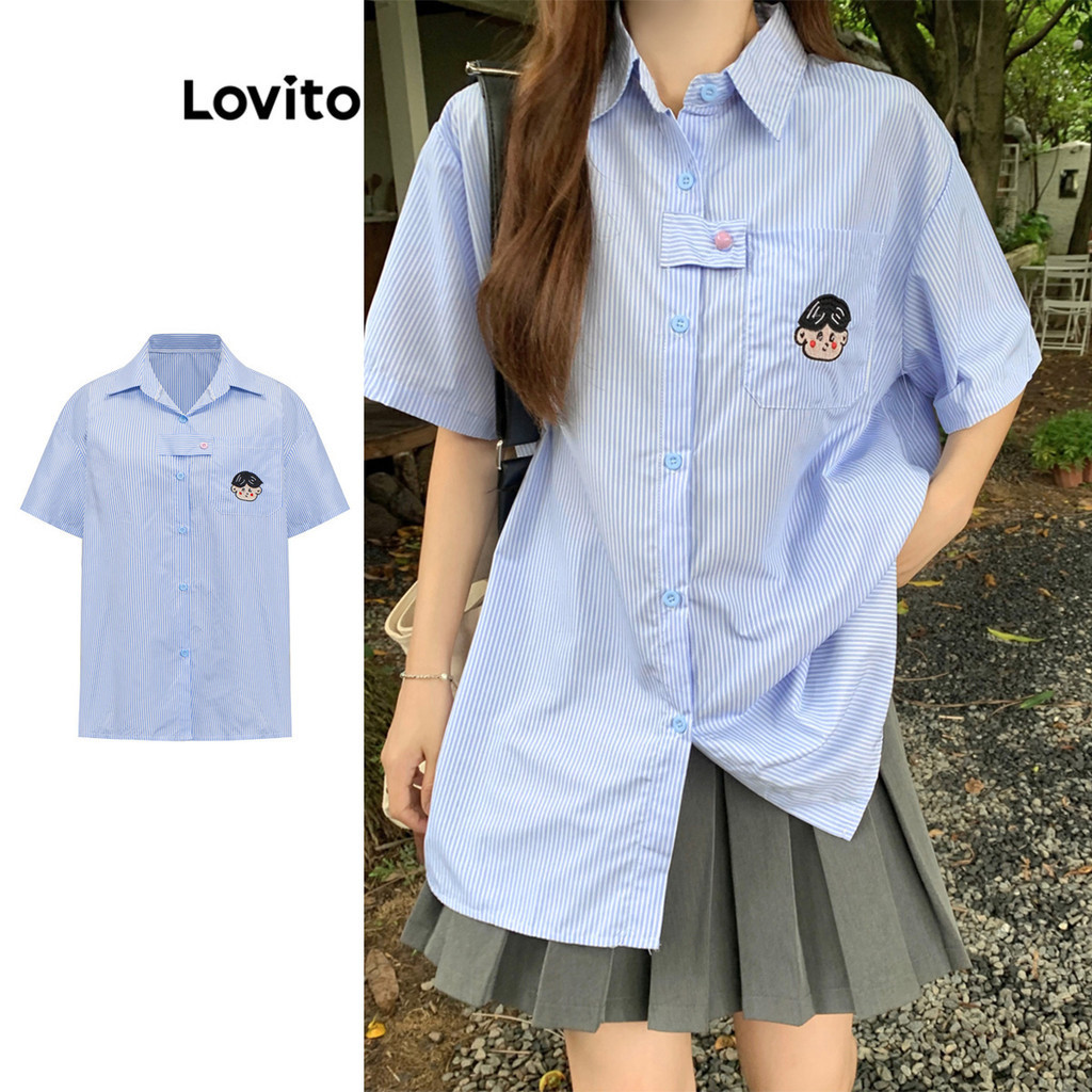 Lovito เสื้อเบลาส์ ลายทาง มีกระเป๋า สําหรับผู้หญิง LBA79134