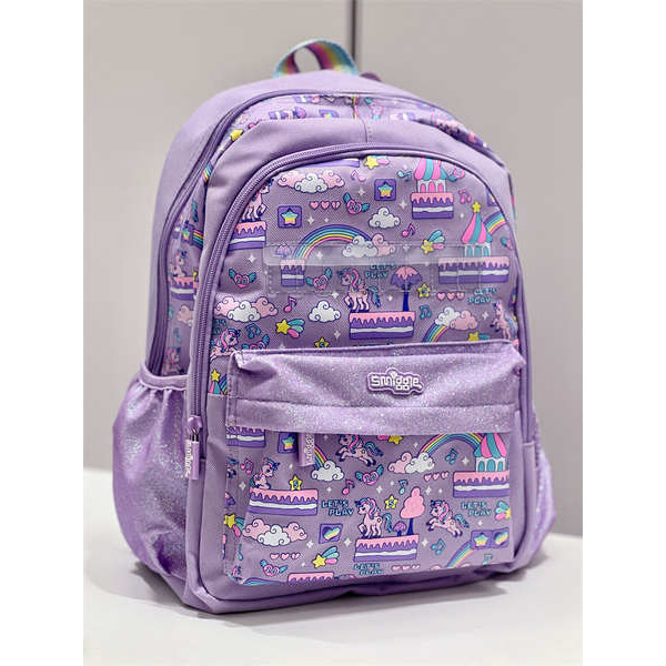 backpack กระเป๋า smiggle ออสเตรเลีย Smiggle กระเป๋านักเรียนอนุบาลเด็กหญิงอายุ3-6ปีกระเป๋าเป้ลายยูนิคอร์นสีม่วงสติกเกอร์ชื่อกระเป๋าเป้ของขวัญ
