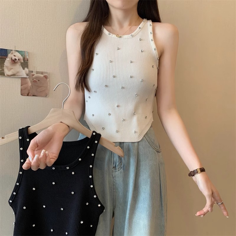 บาลามี ฤดูร้อนสไตล์ใหม่ผ้าไหมน้ําแข็งอุตสาหกรรมหนักเจาะเล็บแขนกุด จุดต่ําสุด สวมใส่ด้านนอกถักเสื้อกั๊กด้านบน