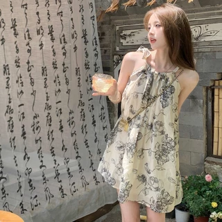 👗ชุดเดรส,👗ฤดูร้อนใหม่หมึกวาดชุดแขนกุด กระโปรงแขวนคอหลวม