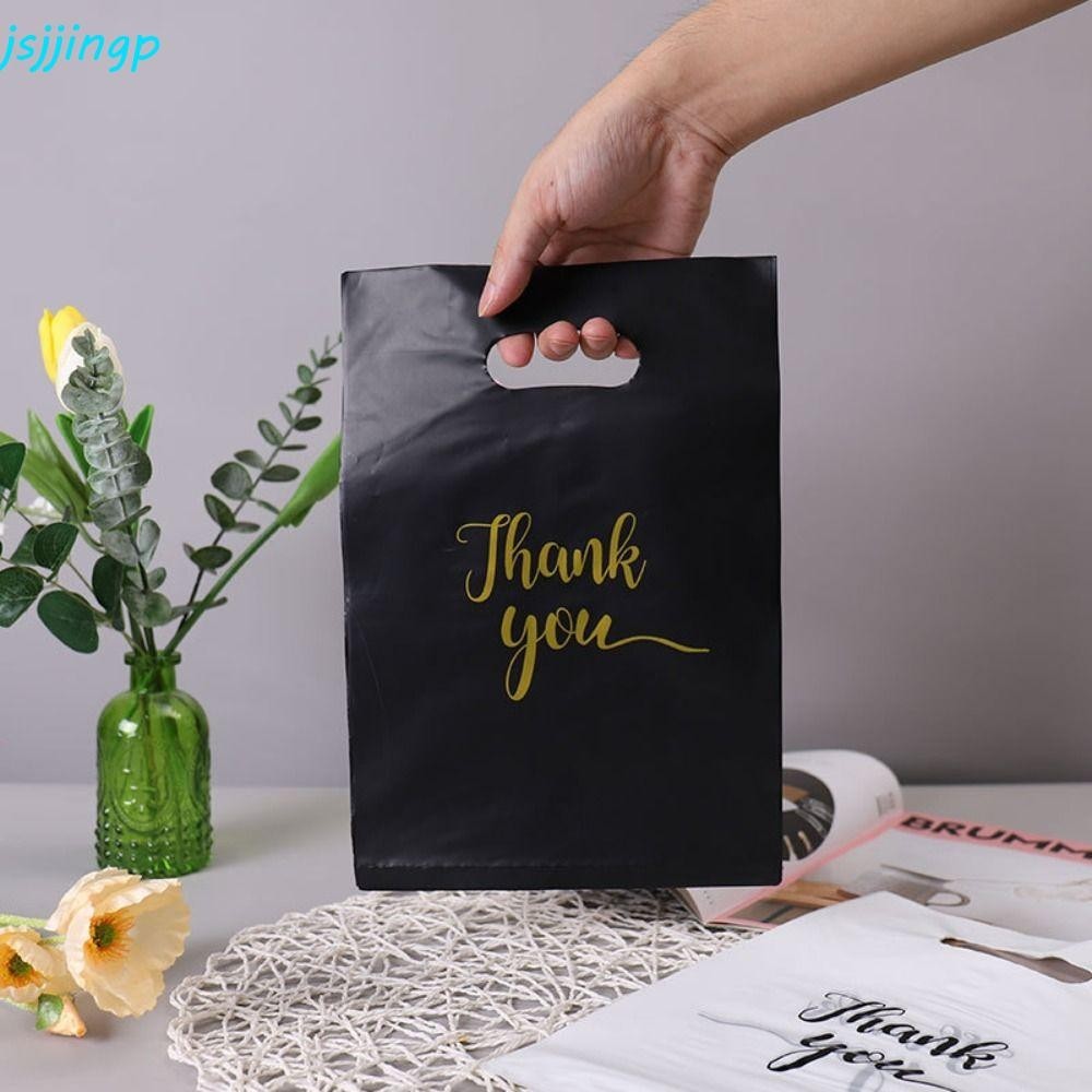 Jsjjingp 100 ชิ้นขอบคุณถุงบรรจุภัณฑ์, พลาสติกพร้อมที่จับพลาสติกขอบคุณกระเป๋า, ถุงของชํากันน้ํานํากลับมาใช้ใหม่ได้น่ารักถุงช้อปปิ้งอาบน้ําเด็ก